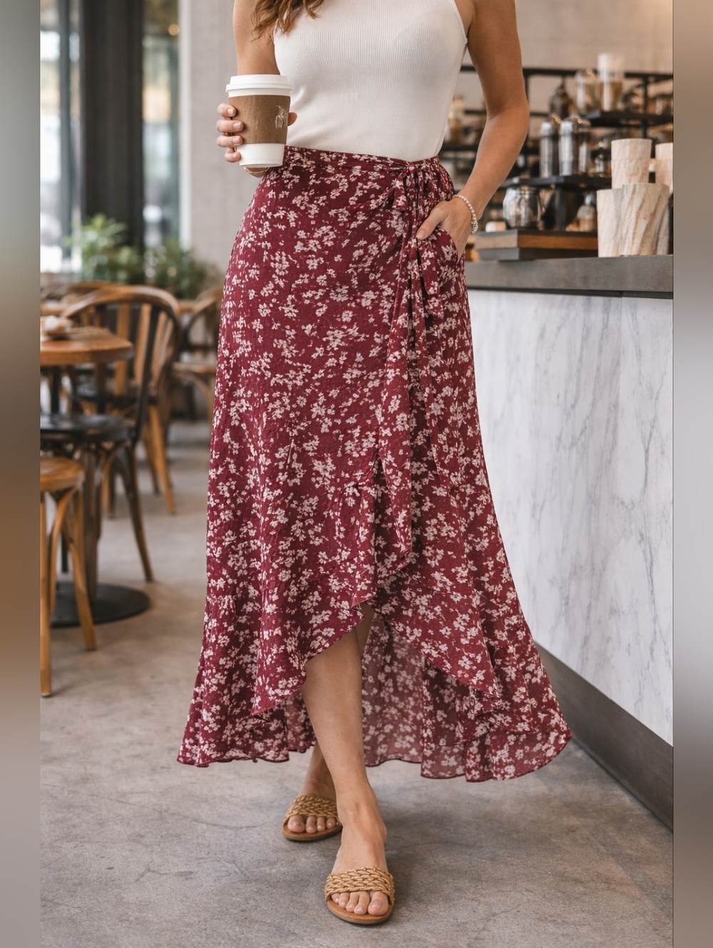 Boho Floral Wrap Skirt Burgundy Midi Ruffle Hem Festival Large - Picture 4 of 8